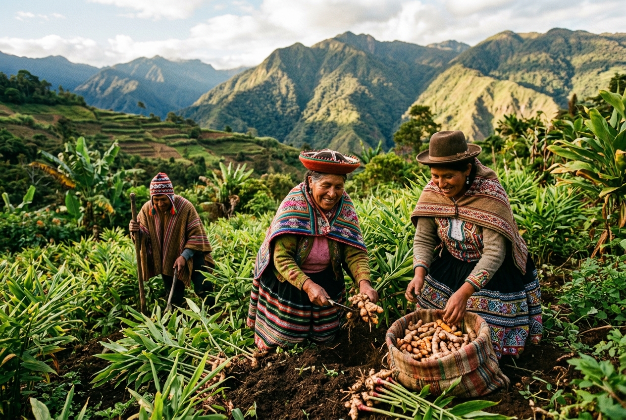 Agricultores cosechando jengibre y cúrcuma en Junín